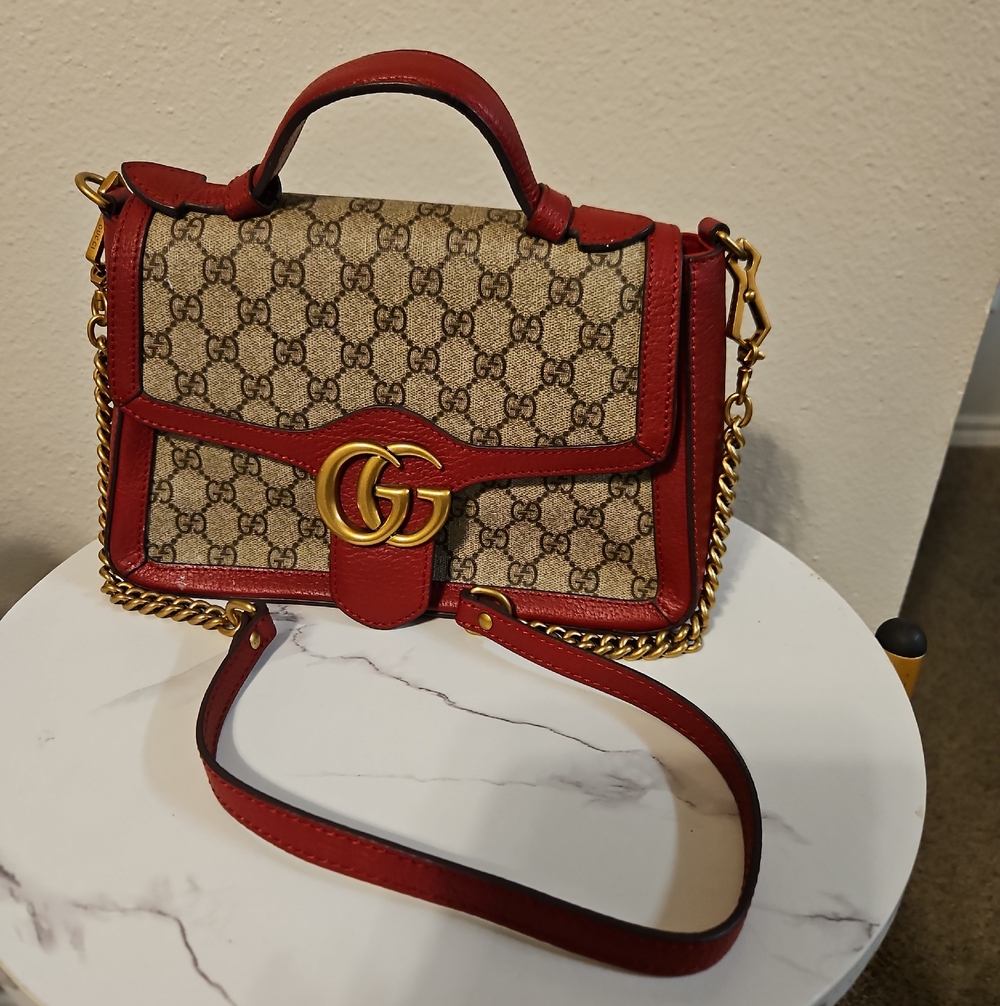 Gucci Red GG Supreme Canvas Top Handle Satchel with Gold Hardware